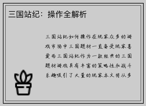 三国站纪：操作全解析